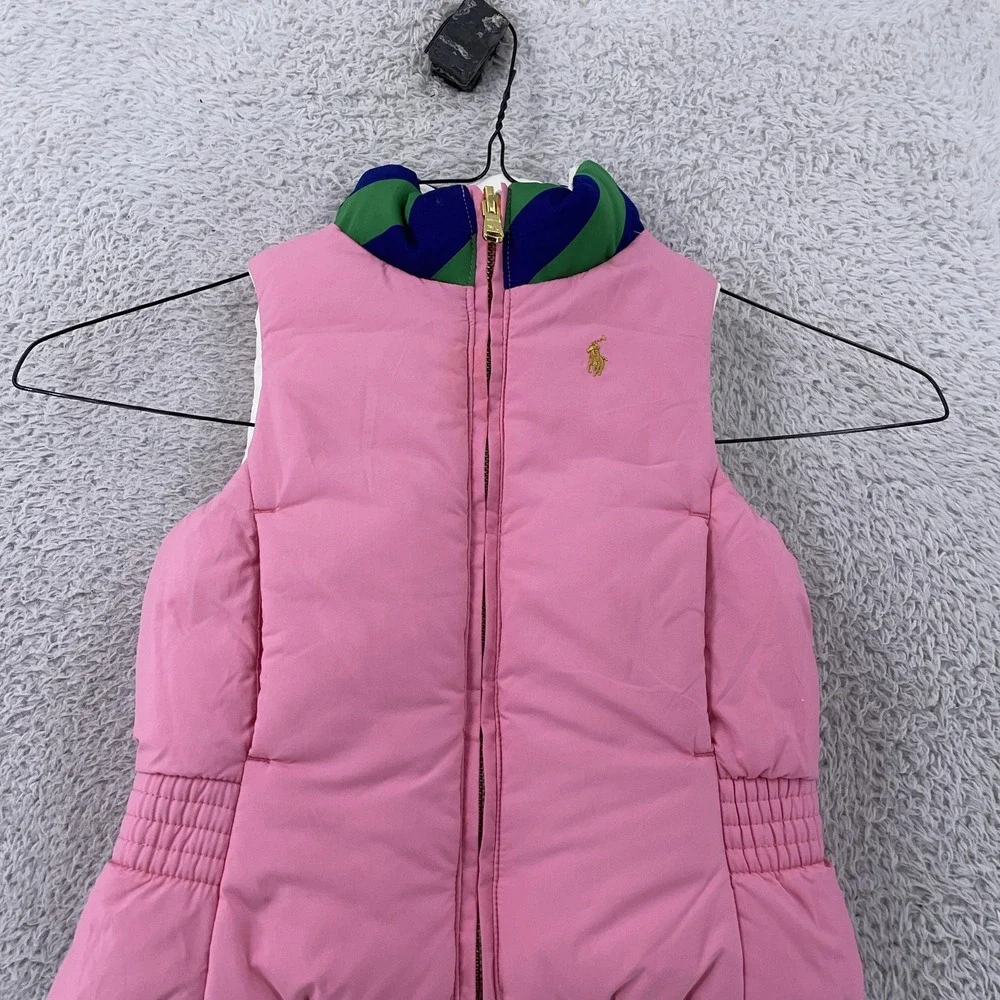 Polo Ralph Lauren Girls 2T Reversible Down Puffer Vest Pink‎ White Quilted Pony